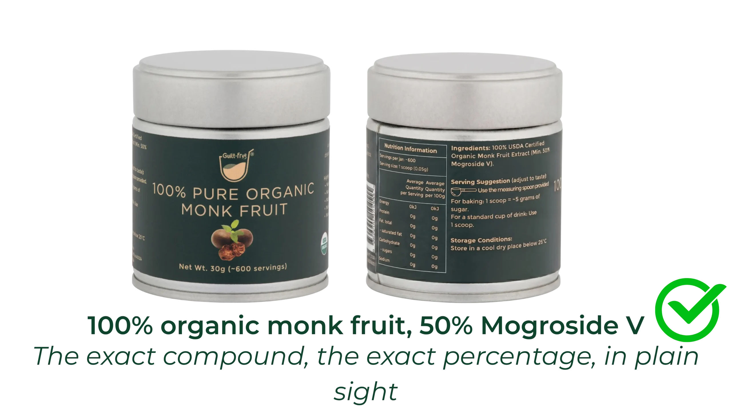 Guilt-Free 100% Pure Organic Monk Fruit with 50% Mogroside V without erythritol, the exact compound and percentage, in plain sight