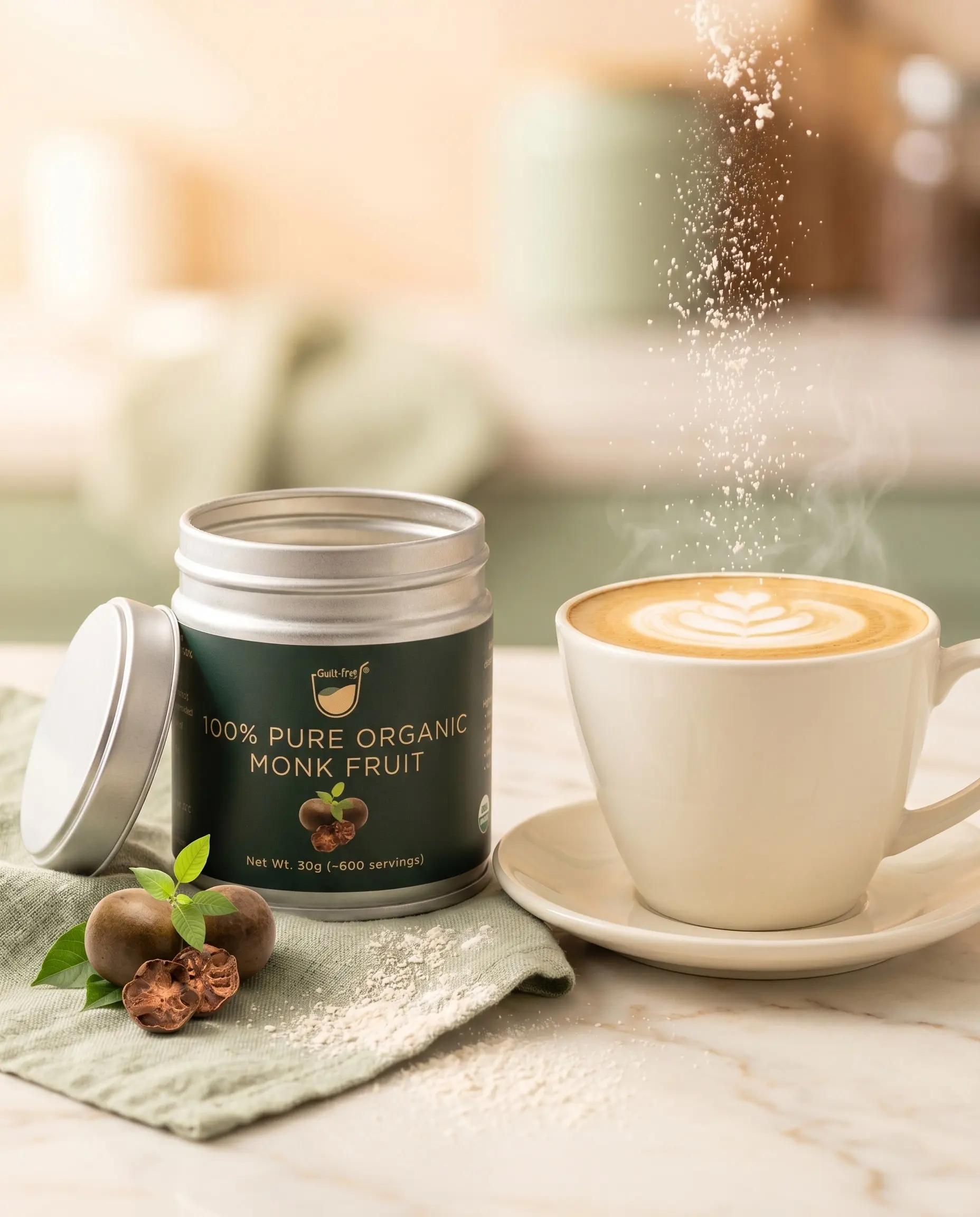 Guilt-Free 100% Pure Organic Monk Fruit with 50% Mogroside V without erythritol with coffee