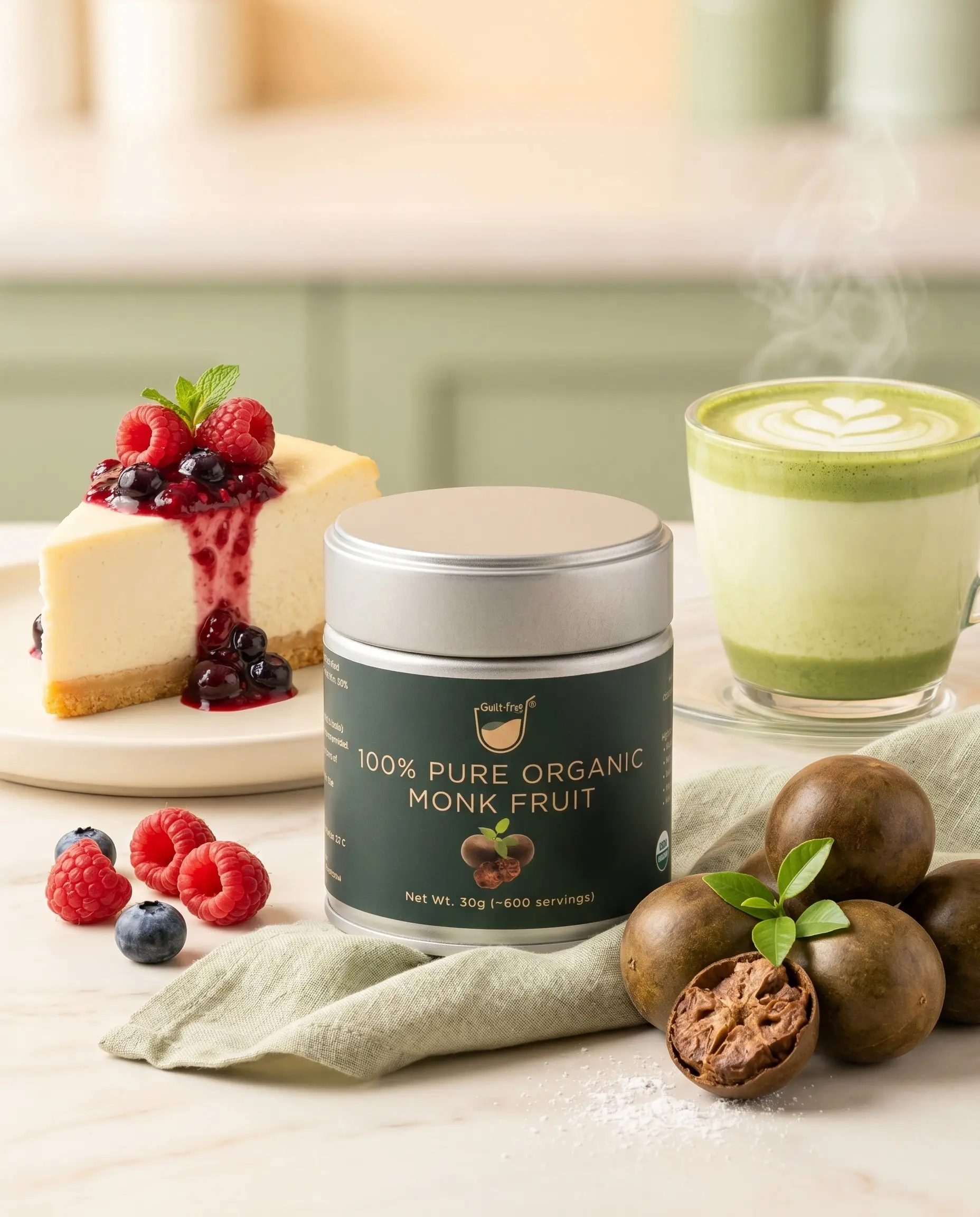 Guilt-Free 100% Pure Organic Monk Fruit with 50% Mogroside V without erythritol with cheesecake and matcha latte