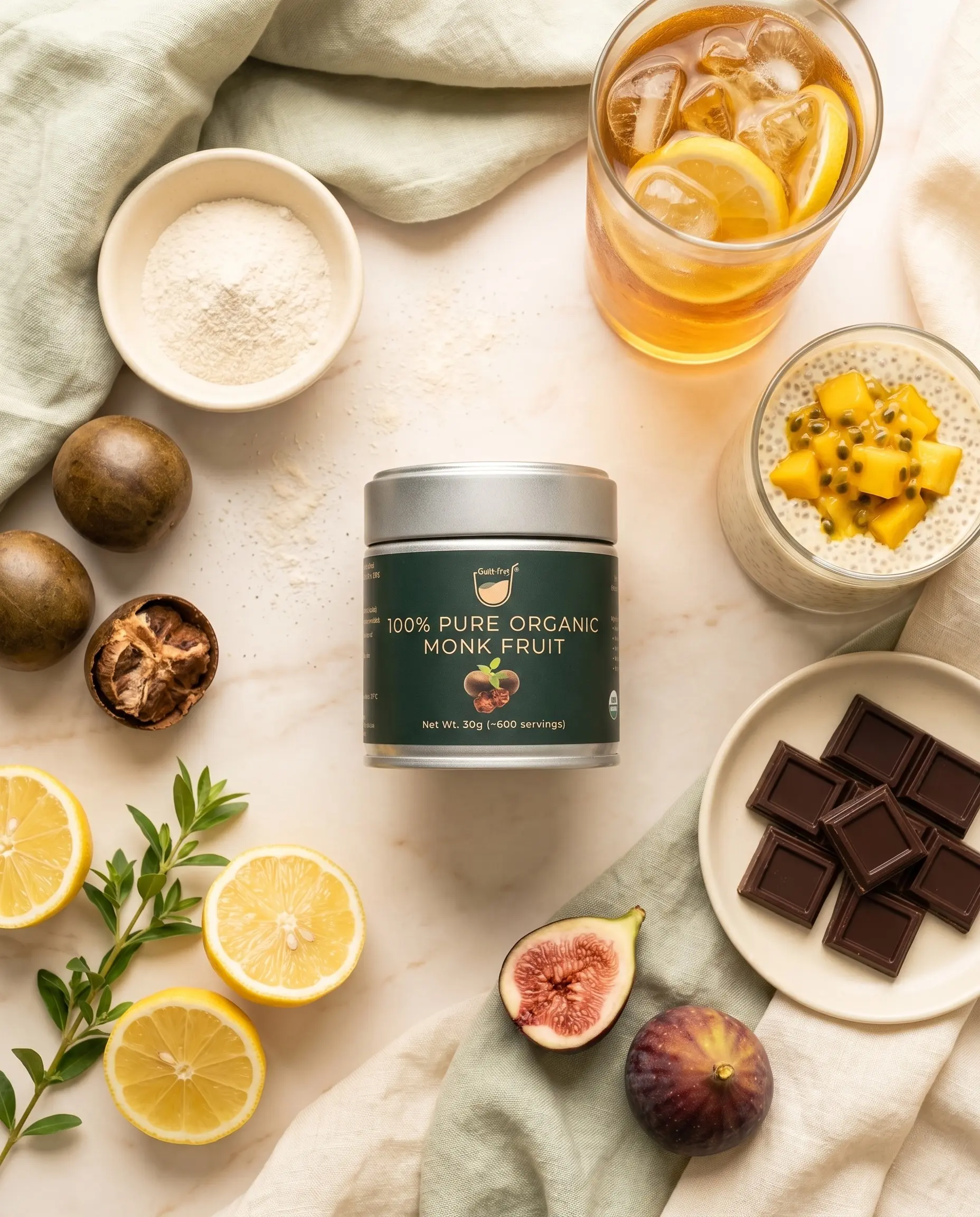 Guilt-Free 100% Pure Organic Monk Fruit with 50% Mogroside V without erythritol with various sweet drinks